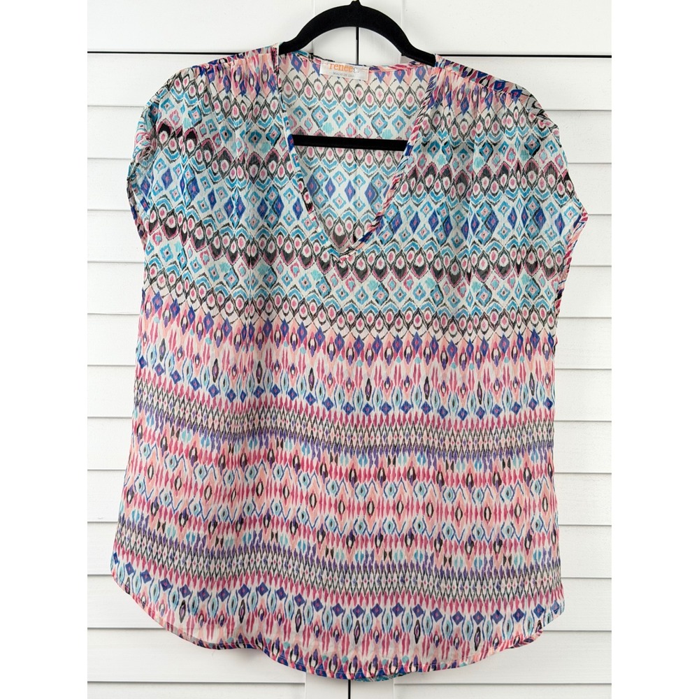 Renee C. V-Neck Blouse Women L Pink Blue Geometric Ikat Print Cap‎ Sleeve